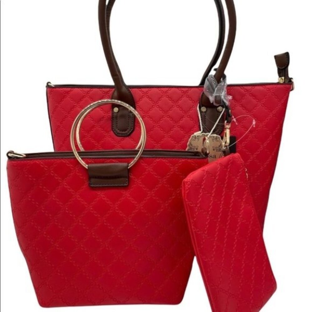 Alyssa 3 Piece Handbag Set Red Quilted Tote Crossbody Wristlet New‎